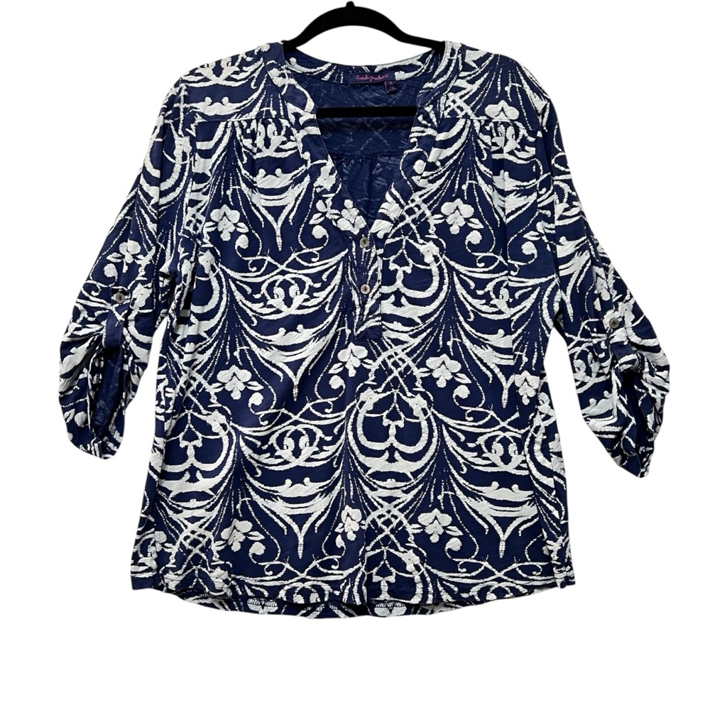 Fresh Produce Blue White Rivera Moonlight Print Tunic Top Sz XL Cottage Coastal